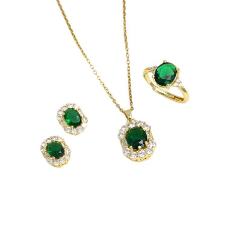 Geometric Emerald Inlaid Necklace Ear Stud Ring Suit